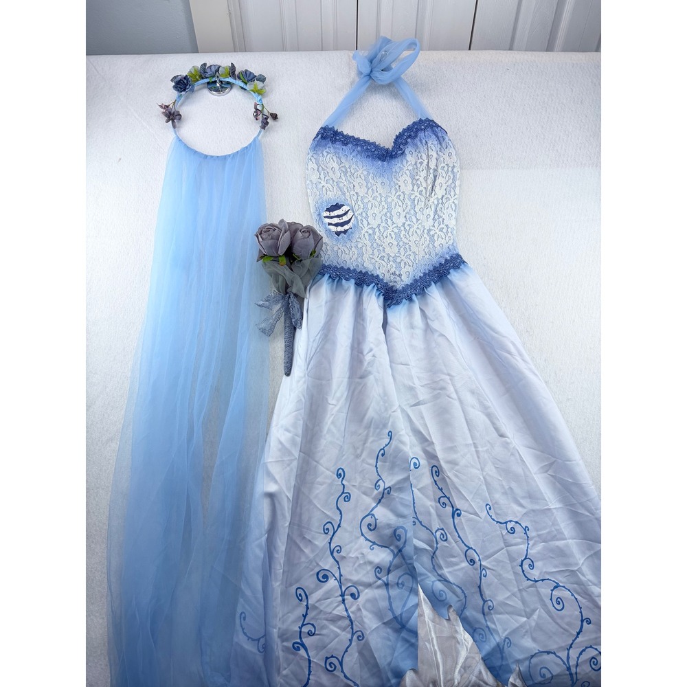 Tim Burton's Corpse Bride Emily Costume Set Blue Lace Dress Veil Bouquet Medium